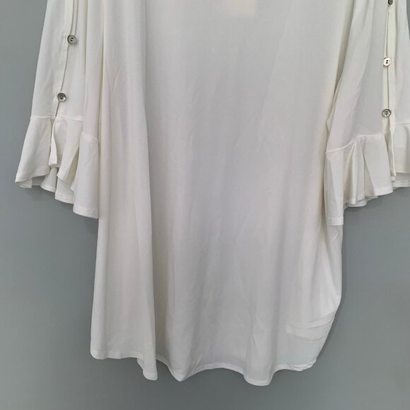 NEW Green Envelope white ruffle button sleeve detail stretchy pullover flowy top - Picture 4 of 10